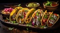 Mexican Tacos al pastor, traditional food. Variety of fillings and sauces Royalty Free Stock Photo