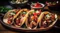 Presentation of tray with Four mexican pork tacos over the table. Generative Ai