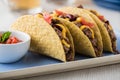 Mexican tacos with beef, cheddar cheese, tomato Royalty Free Stock Photo