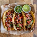 Mexican tacos with beef, guacamole and cilantro