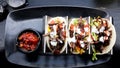 Mexican Tacos with Beef and salsa / dip sauce at the bar outside Royalty Free Stock Photo