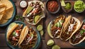 mexican tacos and carne asada fries in panoramic wide composition from birds eye view