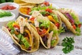 Mexican tacos with chicken, black beans and fresh vegetables Royalty Free Stock Photo