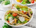 Mexican tacos with chicken, black beans and fresh vegetables and tartar sauce Royalty Free Stock Photo