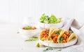 Mexican tacos with chicken meat, corn and tomato sauce. Latin American cuisine.