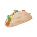 Mexican tacos flatbread with corn, herbs and tomatoes, vector isolated illustration