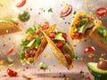 Mexican tacos flying in the air exploding with flavour and bursting with fresh ingredients