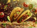 Mexican tacos flying in the air exploding with flavour and bursting with fresh ingredients