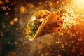 Mexican tacos flying in the air exploding with flavour and bursting with fresh ingredients