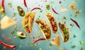 Mexican tacos flying in the air exploding with flavour and bursting with fresh ingredients