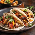 Mexican tacos with grilled vegetables and cilantro on a wooden table