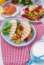 Mexican tacos with grilled vegetables and salmon. Healthy food for lunch. Fast food. Copy space Royalty Free Stock Photo