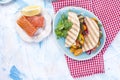 Mexican tacos with grilled vegetables and salmon. Healthy food for lunch. Fast food. Copy space Royalty Free Stock Photo