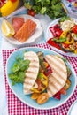 Mexican tacos with grilled vegetables and salmon. Healthy food for lunch. Fast food. Copy space Royalty Free Stock Photo