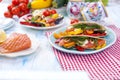 Mexican tacos with grilled vegetables and salmon. Healthy food for lunch. Fast food. Copy space Royalty Free Stock Photo