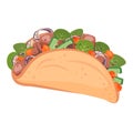 Mexican tacos isolated. Tasty Spicy dish with different filling, meat, vegetables, sauce. Vector flat drawn illustration for Royalty Free Stock Photo