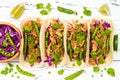 Mexican tacos with meat, peas and purple cabbage. Royalty Free Stock Photo