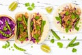 Mexican tacos with meat, peas and purple cabbage. Royalty Free Stock Photo