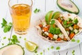 Mexican tacos with meat, sweet potatoes and cotija cheese. Royalty Free Stock Photo