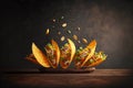 mexican tacos with nachos flying in air on dark background on wooden table