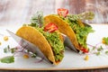 Mexican tacos. With pork, pepper and guacomole. Mexican traditional dish