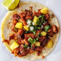 Mexican tacos with pork, pineapple and cilantro on white background. Royalty Free Stock Photo