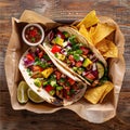 Mexican tacos with vegetables and tortilla chips on wooden background. Top view