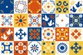 Mexican talavera pattern. Ceramic tiles with flower, leaves and bird ornaments in traditional majolica style from Puebla Royalty Free Stock Photo