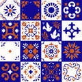 Mexican talavera pattern. Ceramic tiles with flower, leaves and bird ornaments in traditional style from Puebla. Mexico Royalty Free Stock Photo