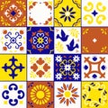 Mexican talavera pattern. Ceramic tiles with flower, leaves and bird ornaments in traditional style from Puebla. Mexico Royalty Free Stock Photo