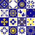 Mexican talavera pattern. Ceramic tiles with flower, leaves and bird ornaments in traditional style from Puebla. Mexico Royalty Free Stock Photo