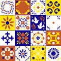 Mexican talavera pattern. Ceramic tiles with flower, leaves and bird ornaments in traditional style from Puebla. Mexico