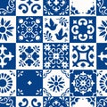 Mexican talavera seamless pattern. Ceramic tiles with flower, leaves and bird ornaments in traditional majolica style