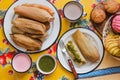 Mexican tamales of corn leaves with green sauce and atole, Tamales Breakfast in Mexico