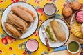 Mexican tamales of corn leaves with green sauce and atole, Tamales Breakfast in Mexico