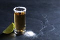 Mexican Tequila shot, lime slice and salt on table. Space for text Royalty Free Stock Photo