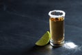 Mexican Tequila shot, lime slice and salt. Space for text Royalty Free Stock Photo