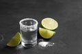 Mexican Tequila shot, lime slices and salt on grey table Royalty Free Stock Photo