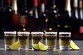 Mexican Tequila shots, lime slices and salt on bar counter Royalty Free Stock Photo