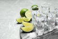 Mexican Tequila shots, lime slices and salt on grey marble table Royalty Free Stock Photo