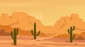 Mexican Texas or Arisona desert nature at sunset, cartoon natural deserted Mexico landscape with mountain, cactuses Royalty Free Stock Photo