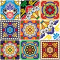 Mexican talavera style tile vector seamless pattern collection, decorative tiles with flowers, swirls in vibrant colors inspired b Royalty Free Stock Photo