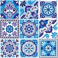 Mexican talavera style tile vector seamless pattern navy blue collection, decorative indigo tiles with flowers, swirls inspired by Royalty Free Stock Photo