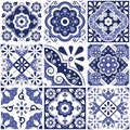 Navy blue Mexican seamless tile vector pattern big set with flowers, leaves and geoemtric shapes Royalty Free Stock Photo