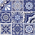 Mexican seamless tile vector pattern big set with flowers, leaves and geoemtric shapes in navy blue Tr