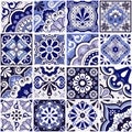 Mexican tiles big set collection, talavera ornaments vector seamless design with flowers and swirls in navy blue