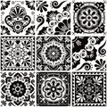 Mexican talavera tiles vector seamless pattern with flowers leaves, hearts and swirls - black and white big set, repetitive design Royalty Free Stock Photo