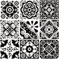 Mexican talavera style tile seamless vector pattern with flowers in black and white, monochrome decorative tiles design Royalty Free Stock Photo