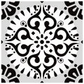 Mexican style floral black and white tiles design, single and seamless vector background with flowers and swirls Royalty Free Stock Photo