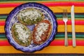 Mexican tlacoyos with green and red sauce, Traditional food in Mexico